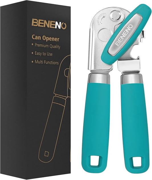 Beneno Heavy Duty Hand Can Opener Manual with Magnet, Durable Sharp Carbon Steel Blade Smooth Cutting, Big Effort-Saving Knob & Soft Grip Handle, Multifunctional Bottle Opener, Turquoise by Beneno