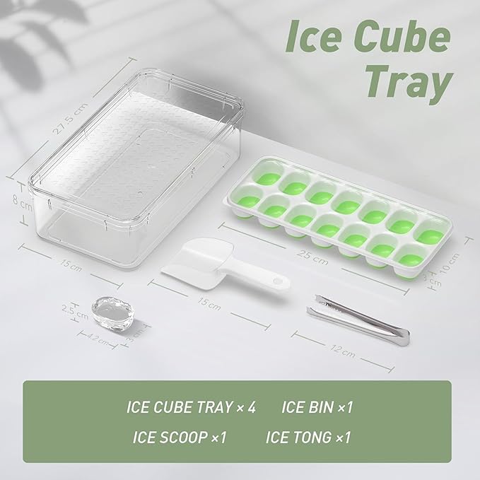ChefAide Ice Cube Tray with Lid and Bin, 4 Packs 56 Cubes Silicone Plastic Ice Cube Trays for Freezer, Stackable Ice Tray with Container, Ice Scoop,Ice Tong for Drinks, Coffee and Cocktails Green