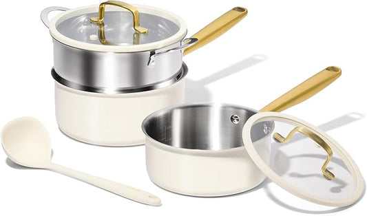 CAROTE 1.5Qt & 3.0Qt Stainless Steel Saucepan Set with Steamer & Ladle, Non-Toxic 3-Ply Stainless Steel Pot with Lids, Small Pots for Cooking, Oven Safe, Induction Compatible Cookware by CAROTE