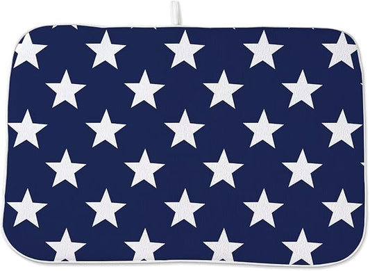 4th of July Dish Drying Mat 18 x 24 inch Independence Day Blue Stars Decorative Drying Mats Microfiber Absorbent Holiday Patriotic Dish Washable Draining Mat for Kitchen Counter Decor