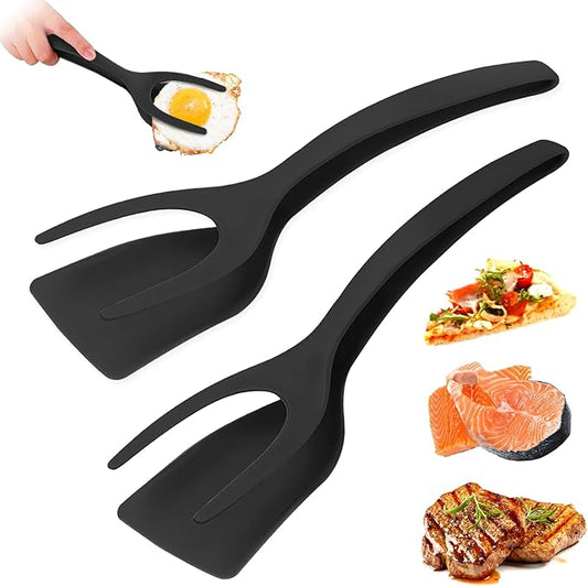 Egg Flipper Spatula Tongs 2 PCS Spatula for Non Stick Frying Pan 2 in 1 Grip & Flip Kitchen Tongs, High Heat Resistant BPA Free Cooking Utensils, Ideal Cookware for Pancakes, Fish, Eggs, Toast (black)