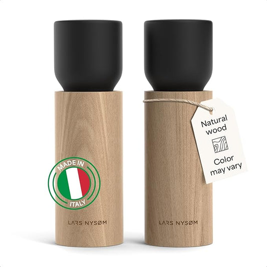 LARS NYSØM Wooden Salt and Pepper Grinder Set Manual - Salt and Pepper Mills with Adjustable Ceramic Grinder - Elegant Beechwood Pepper and Salt Mill Set for Dining Table (Carbon Black)