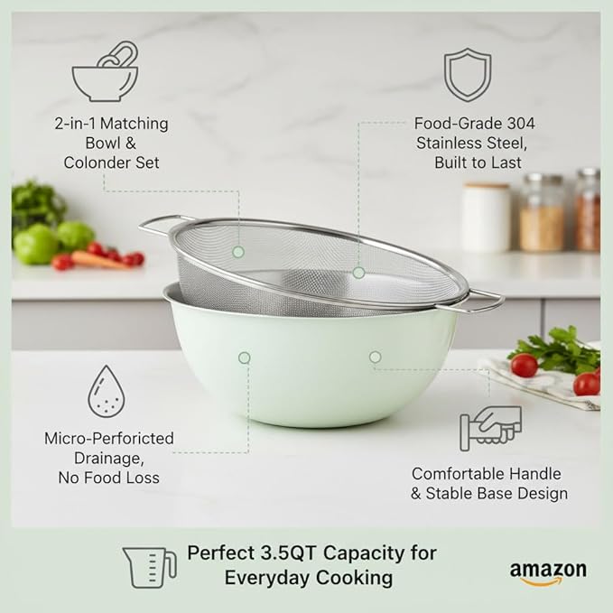 304 Stainless Steel Kitchen Colander Set, 3.5QT Colander with Handle and Bowl, 40 Mesh Fine Strainer, Fast Draining for Rice, Pasta, Fruits & Vegetables, Dishwasher Safe