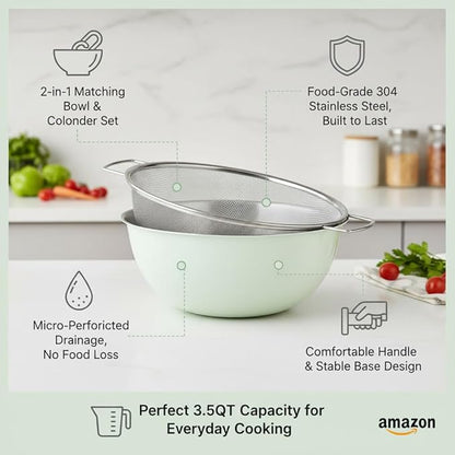 304 Stainless Steel Kitchen Colander Set, 3.5QT Colander with Handle and Bowl, 40 Mesh Fine Strainer, Fast Draining for Rice, Pasta, Fruits & Vegetables, Dishwasher Safe