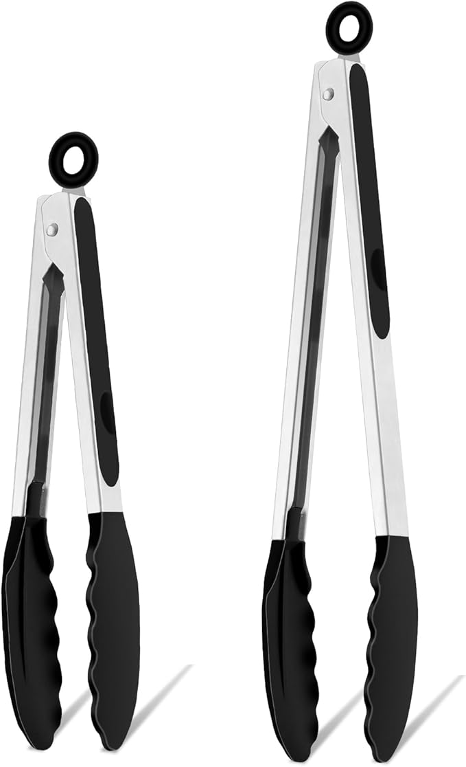 TeamFar Kitchen Tongs, 9" and 12" Stainless Steel Cooking Tongs with Silicone Tips for Cooking Grilling Serving & BBQ, Heat Resistant Silicone Tongs, Locking Design & Dishwasher Safe, Set of 2 & Black by TeamFar