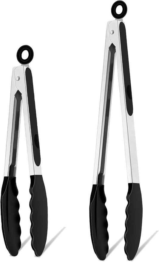 TeamFar Kitchen Tongs, 9" and 12" Stainless Steel Cooking Tongs with Silicone Tips for Cooking Grilling Serving & BBQ, Heat Resistant Silicone Tongs, Locking Design & Dishwasher Safe, Set of 2 & Black by TeamFar