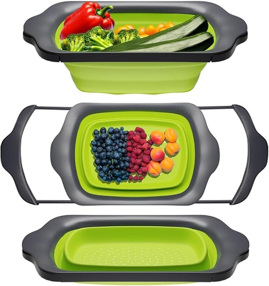 Comfify XL Large Kitchen Strainer - Collapsible Silicone Over-The-Sink Colander with Extendable Handles - Use with Pasta, Fruit, Berries & Veggie - 6 Quart - Green