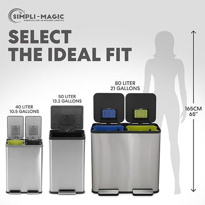 SIMPLI-Magic 21 Gallon (80L) Dual Compartment Kitchen Trash Can - Hands-Free Step Pedal, Soft-Close Lid, Stainless Steel Recycling Bin with Odor Filter (40L + 40L) - Image 4