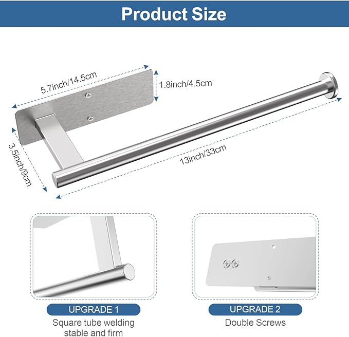 CUXIXA Paper Towel Holder Under Cabinet 2 Pack, Upgraded Adhesive Paper Towel Holder Wall Mount for Kitchen, Bathroom, RV, Bend-Resistant, Self-Adhesive or Drill mounting, Stainless Steel, Silver - Image 6