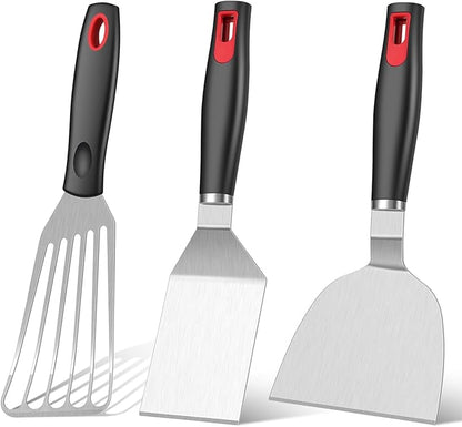 KLAQQED Spatula Set Stainless Steel Kitchen Metal Spatula for Cast Iron Skillet with Silicone Handle, Fish Spatula Turner Flipper for Pancake Burger Egg Cooking Spatulas BBQ Grill Griddle