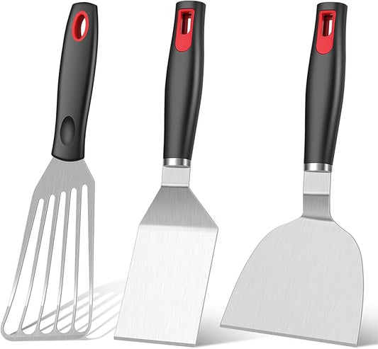 KLAQQED Spatula Set Stainless Steel Kitchen Metal Spatula for Cast Iron Skillet with Silicone Handle, Fish Spatula Turner Flipper for Pancake Burger Egg Cooking Spatulas BBQ Grill Griddle