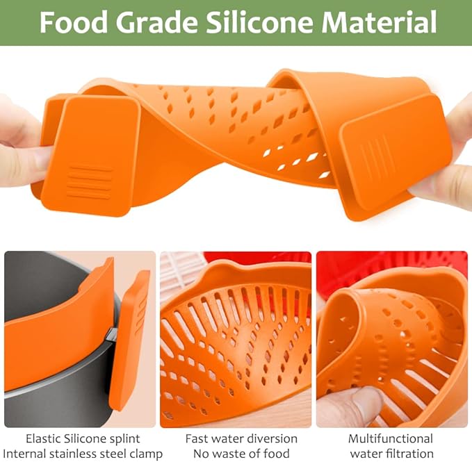 YEVIOR Clip on Strainer for Pots Pan Pasta,Silicone Food Strainer Hands-Free Pan Strainer, Clip-on Kitchen Food Strainer for Spaghetti, Pasta, Ground Beef Fits All Bowls and Pots (Orange) - Image 4