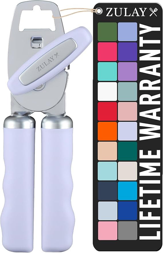 Zulay Kitchen Heavy Duty Stainless Steel Can Opener Manual with Bottle Opener - Rust Proof Manual Can Opener With Turn Knob & Comfy Soft Grip Handles - Light Lilac by ZulayKitchen