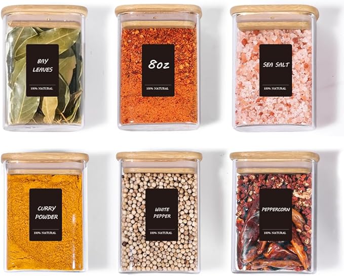 Comsaf Spice Jars with Label，8 oz Small Glass Jars with Lids, 6 Pcs Seasoning Containers, Rectangle Glass Containers with Lids, Empty Seasoning Jars for Pantry Storage, Loose Tea, Herbs, Powders, Salt - Image 9