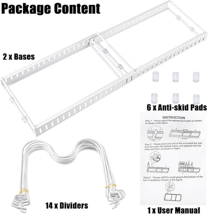 Expandable Pot and Pan Organizer for Cabinet, 14 Adjustable Dividers, Versatile Pan Holder Storage Rack, Extends from 12'' to 23'', Fits Cabinets, Countertops, or Under Sink, White, Iron