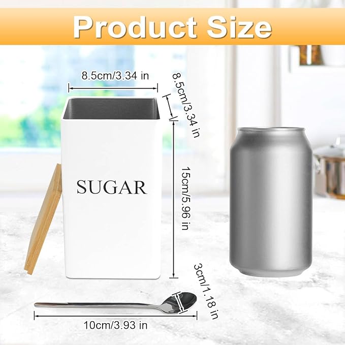 3 Pcs Tea Coffee Sugar Canisters, Black Metal Canister Storage Jar Container Set, Food Storage With 3 Spoons, Rust Resistant Powder Coated Iron Caddies for Kitchen Worktop Organizer (White) - Image 3