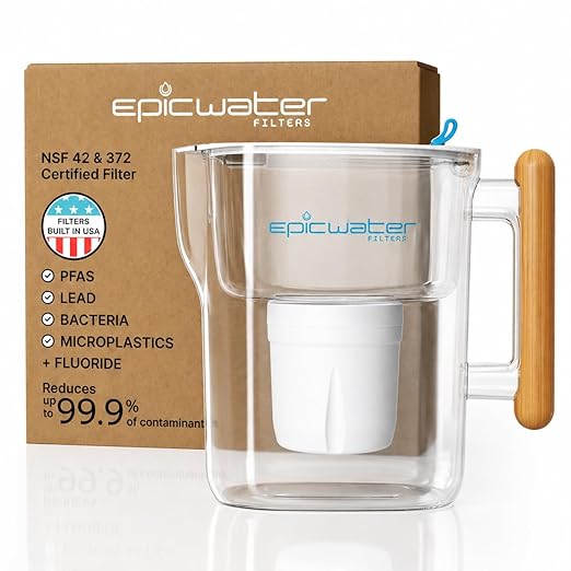 Epic Pure XP Water Filter Pitcher with Advanced CoreXchange™ Filter | NSF Certified | Removes PFAS, Lead, Chlorine & More | BPA-Free | Made in USA (White & Bamboo) by EpicWaterFilters