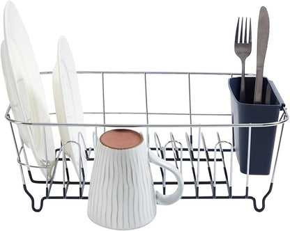 Dish Drying Rack & Cutlery Holder 2 Piece Set ✅ Compact Sink-Fitting Dish Drainer with Rubberized Undercoating ✅ Space-Saving Kitchen Organizer for Plates, Cups, Bowls & Utensils In Sink, Navy - Image 3