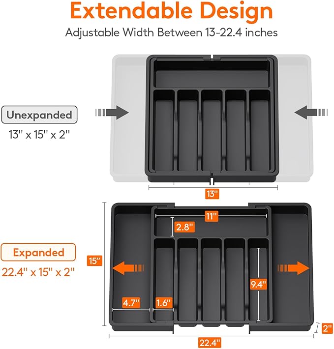 Lifewit Silverware Drawer Organizer, Expandable Utensil Tray for Kitchen, BPA Free Flatware and Cutlery Holder, Adjustable Plastic Storage for Spoons Forks Knives, 13-22 x 15", Black - Image 3