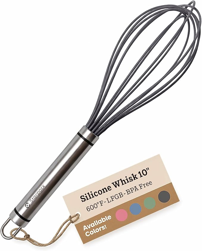 Starpack 'Whip it Good' Silicone Whisk for Nonstick Cookware - Non Scratch, 9.8" Whisk Heat Resistant 600°F - Kitchen Whisks for Cooking, Baking & Stirring - Silicone Coated Durable Rubber Egg Whisks by StarpackHome