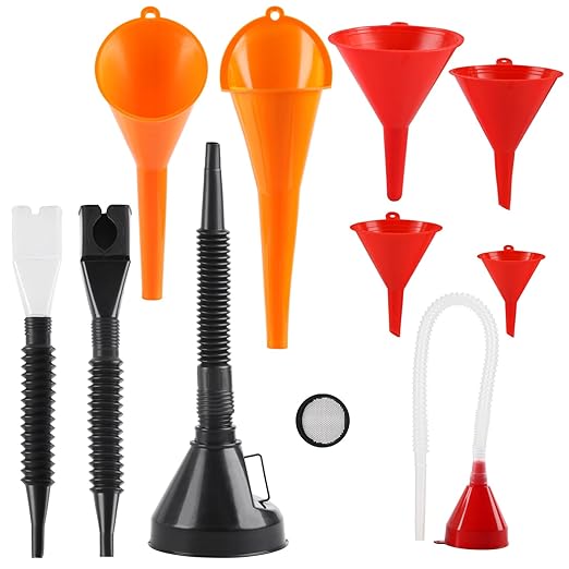 10 Pcs Automotive Funnels Set, Wide Mouth Fuel Funnels, Plastic Long Neck Oil Flexible Right Angle Funnelss, with Detachable Spout and Filter, Plastic Funnel Set for Water/Gasoline/Coolant/Engine Oil by XhjzgcTech