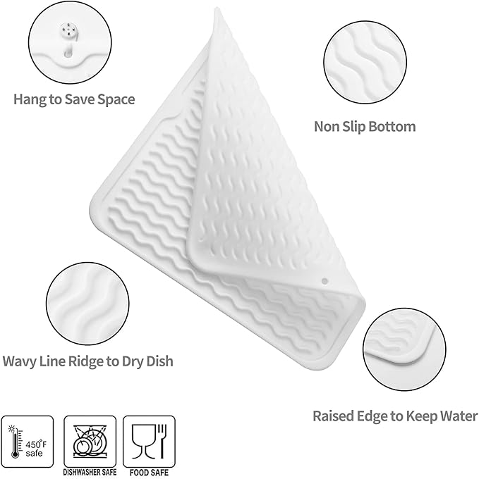 MicoYang Silicone Dish Drying Mat for Multiple Usage,Easy clean,Eco-friendly,Heat-resistant Silicone Mat for Kitchen Counter or Sink,Refrigerator or Drawer liner White M 12 inches x 12 inches - Image 3