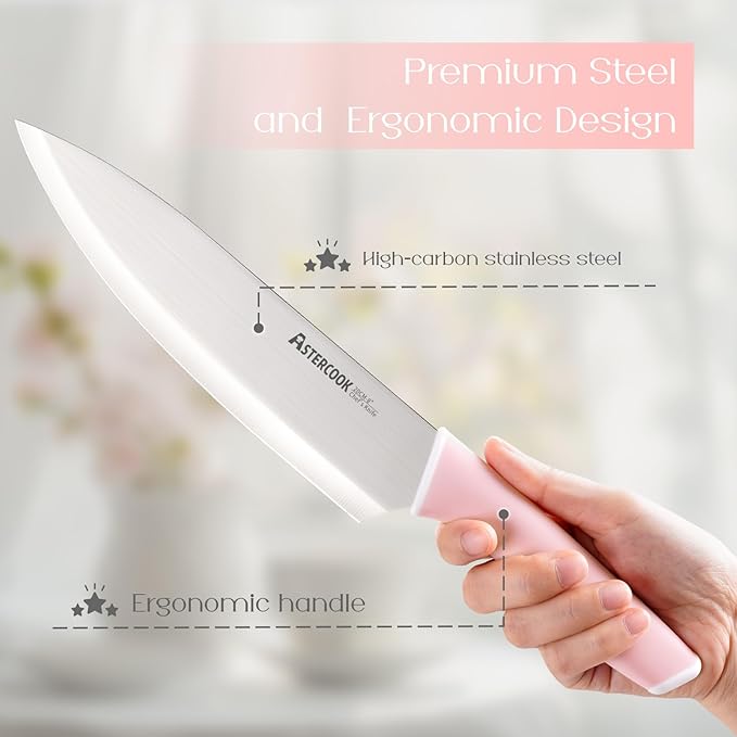 Astercook Knife Set, Kitchen Knives Set with Block and Sharpener 15 Pcs German Stainless Steel Knives Sharp Blade Dishwasher Safe Deba Knives with Ergonomic Handle, Crystal Pink Mothers Day Gifts - Image 8
