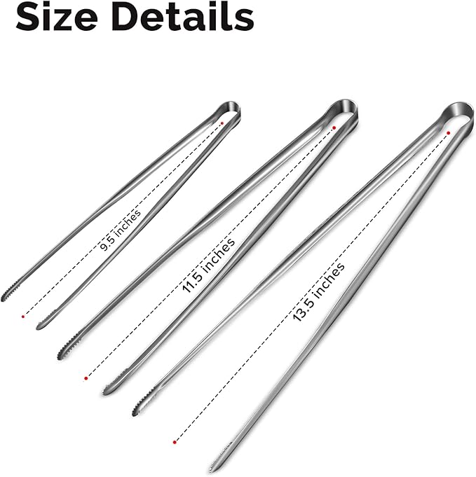 Precision Serrated Non-Slip Tips Cooking Tongs 3 Set (9.5" & 11.5" & 13.5"), 18/8 Stainless Steel Metal Tong, Light but Durable, Easily Control Kitchen Tweezer Tongs for Frying, Plating, BBQ - Image 7