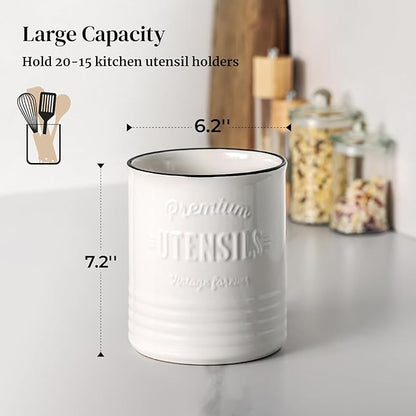 DOWAN 3 Compartment Kitchen Utensil Holder, 7.2″ Extra-Large Ceramic Stable Utensil Caddy, Rustic Cooking Utensil Crock for Farmhouse Kitchen Décor, Utensil Holder for Countertop - Image 6