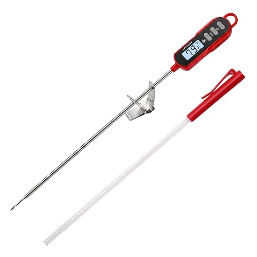 Lonicera Digital Candy Thermometer with Pot Clip, 11" Long Probe, Instant Read 2-3s, IPX6 Waterproof Food Thermometer with Backlight, for Deep Fry, Oil & Meat (Red)
