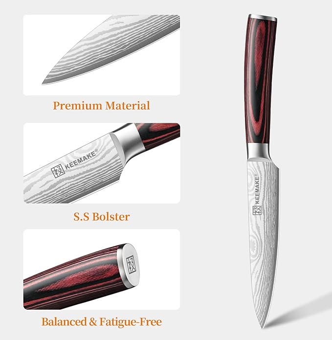 KEEMAKE 5 Inch Paring Knife - Ultra Sharp High Carbon Stainless Steel, Tomato Knife for Fruit Cutting & Peeling with Ergonomic Utility Handle