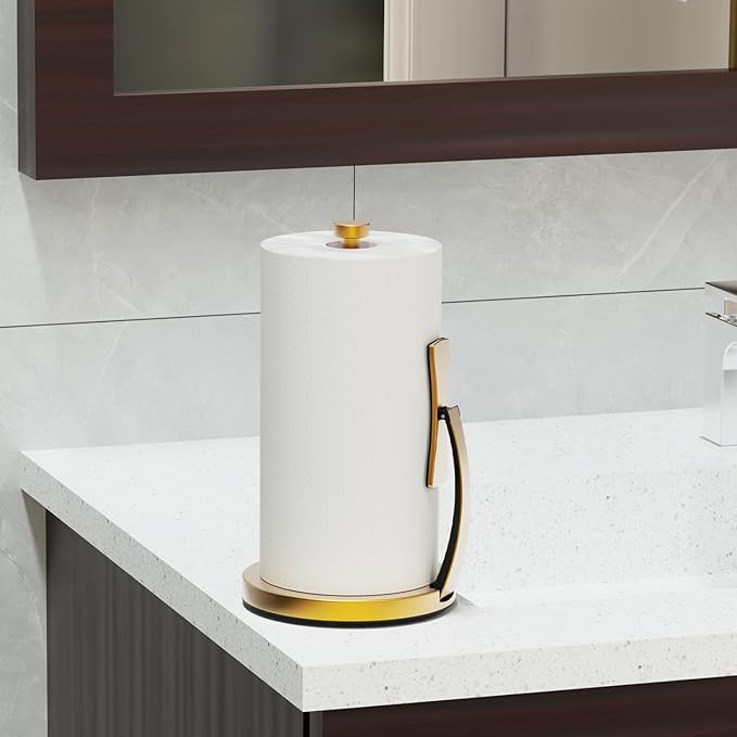 VEHHE Gold Paper Towel Holder Countertop, One-Handed Tear, Stainless Steel, Stand Paper Towel Holder with Spring Activated Arm & Non Slip Weighted Base, for Kitchen Bathroom - Image 7
