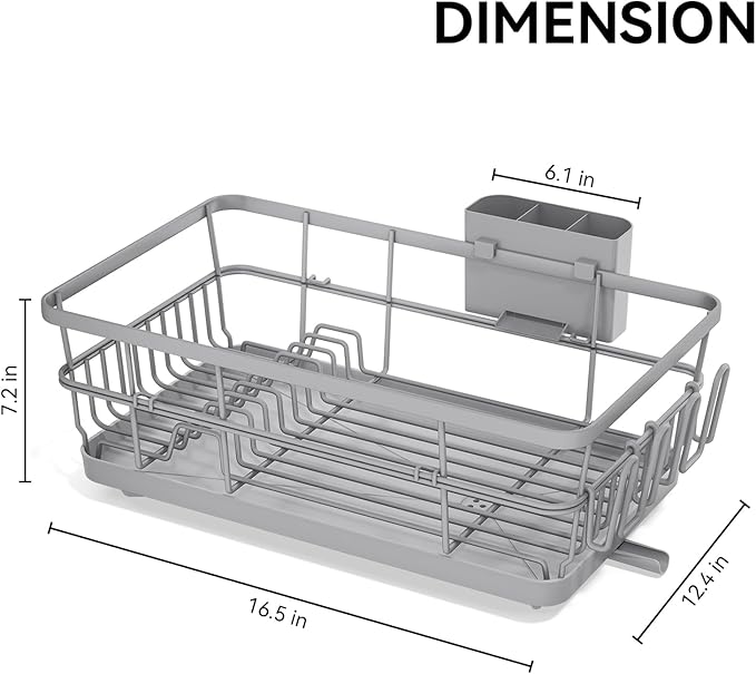 TOOLF Dish Drying Rack, Dish Racks for Kitchen Counter, Stainless Steel Sink Organization and Storage Essentials with Cutlery Holder, Dish Drainer, Home and Appartment Decor, 12.4''W x 16.5''L, Gray