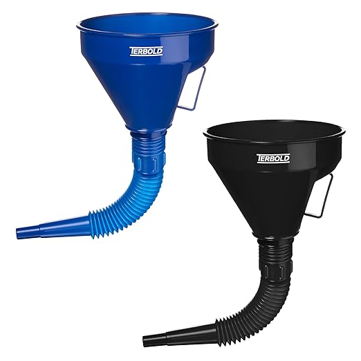 Automotive Flex Funnel with Hose & Mesh Filter (2-Pack) – Wide Mouth Oil Funnel for Gas & Transmission Fluid – Color Coded Flexible Set for Garage & Emergency Kit (Black & Blue) by Terbold