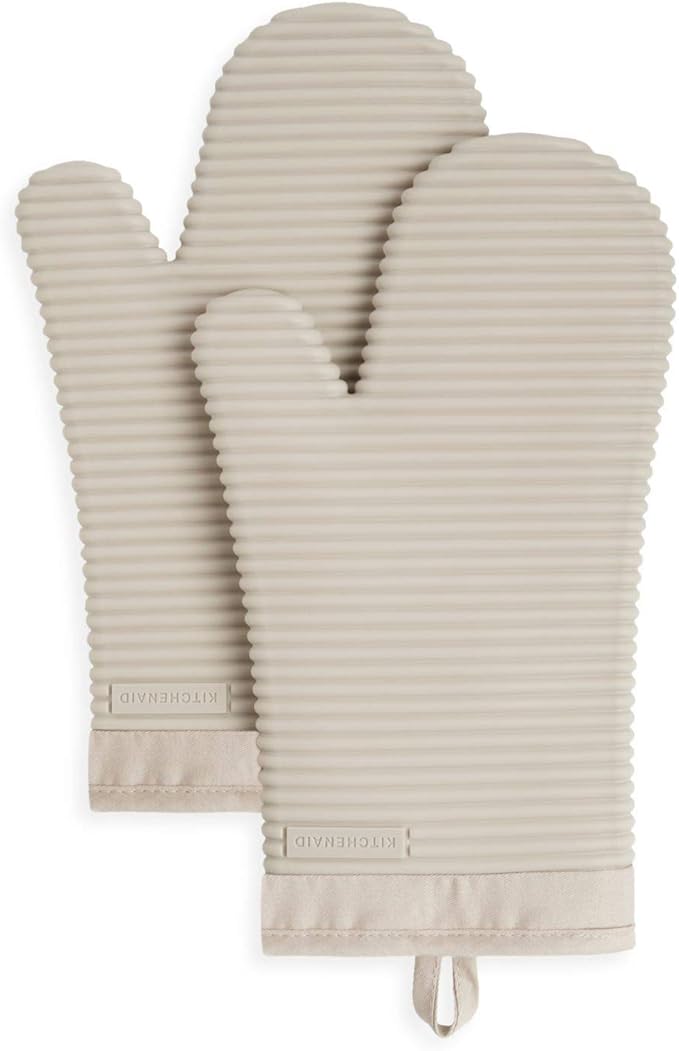 KITCHENAID Ribbed Soft Silicone Oven Mitt 2-Pack Set, 7.5"x13", Milkshake by KitchenAid