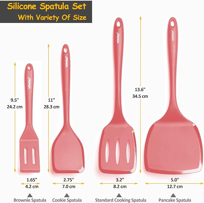 Silicone Spatula Set, 600°F Heat Resistant Silicone Spatula Turner Flipper for Cooking, Non Stick and Non Scratch Kitchen Utensils for Eggs & Pancakes, 4 Pack, Red - Image 2