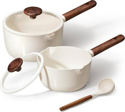 CAROTE 2QT & 3QT Sauce Pan Sets with Lid & Ladle Ceramic Nonstick Pot Set Non Toxic Saucepan Small Kitchen Cooking Pots, Easy to Clean, Induction Comptable, PFAS PTFE Free, White by CAROTE