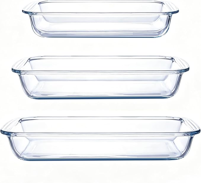 High Borosilicate Glass Baking Tray 3-Piece Set, 2.3 Quarts+1.6 Quarts+1.0 Quarts Rectangular Glass Baking Dish Container for Microwave and Oven, Suitable for Cooking, Baking Bread, Cakes and Meals