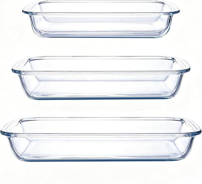 High Borosilicate Glass Baking Tray 3-Piece Set, 2.3 Quarts+1.6 Quarts+1.0 Quarts Rectangular Glass Baking Dish Container for Microwave and Oven, Suitable for Cooking, Baking Bread, Cakes and Meals