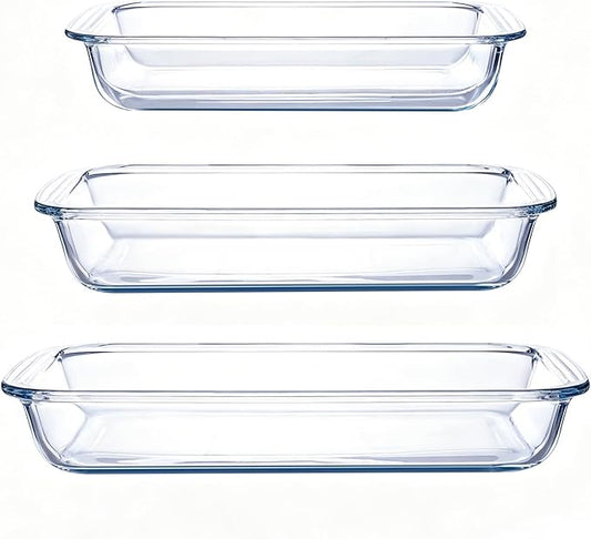 High Borosilicate Glass Baking Tray 3-Piece Set, 2.3 Quarts+1.6 Quarts+1.0 Quarts Rectangular Glass Baking Dish Container for Microwave and Oven, Suitable for Cooking, Baking Bread, Cakes and Meals