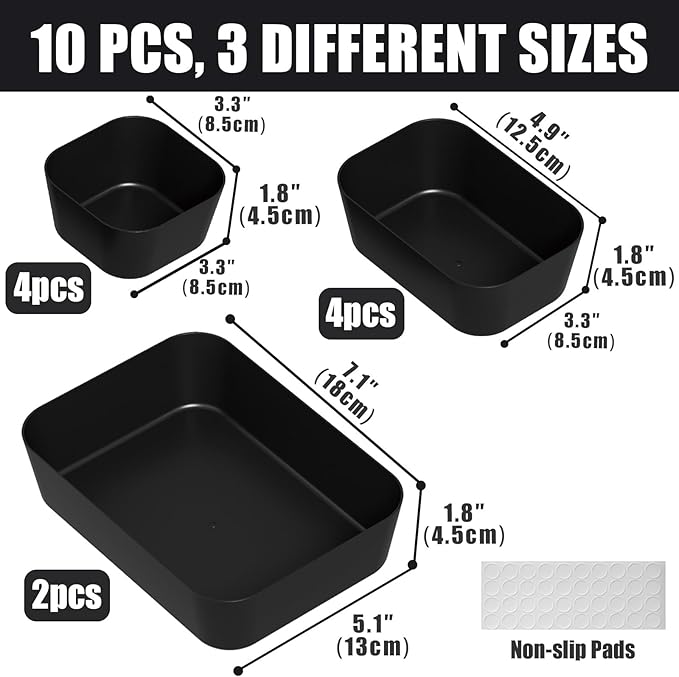 Plastic Drawer Organizers, 10 PCS Drawer Organizer Bins, Bathroom and Vanity Organizer Plastic Tray, Makeup Organizer and Storage for Makeup, Bedroom, Kitchen Gadgets Utensils and Office (Black) - Image 2