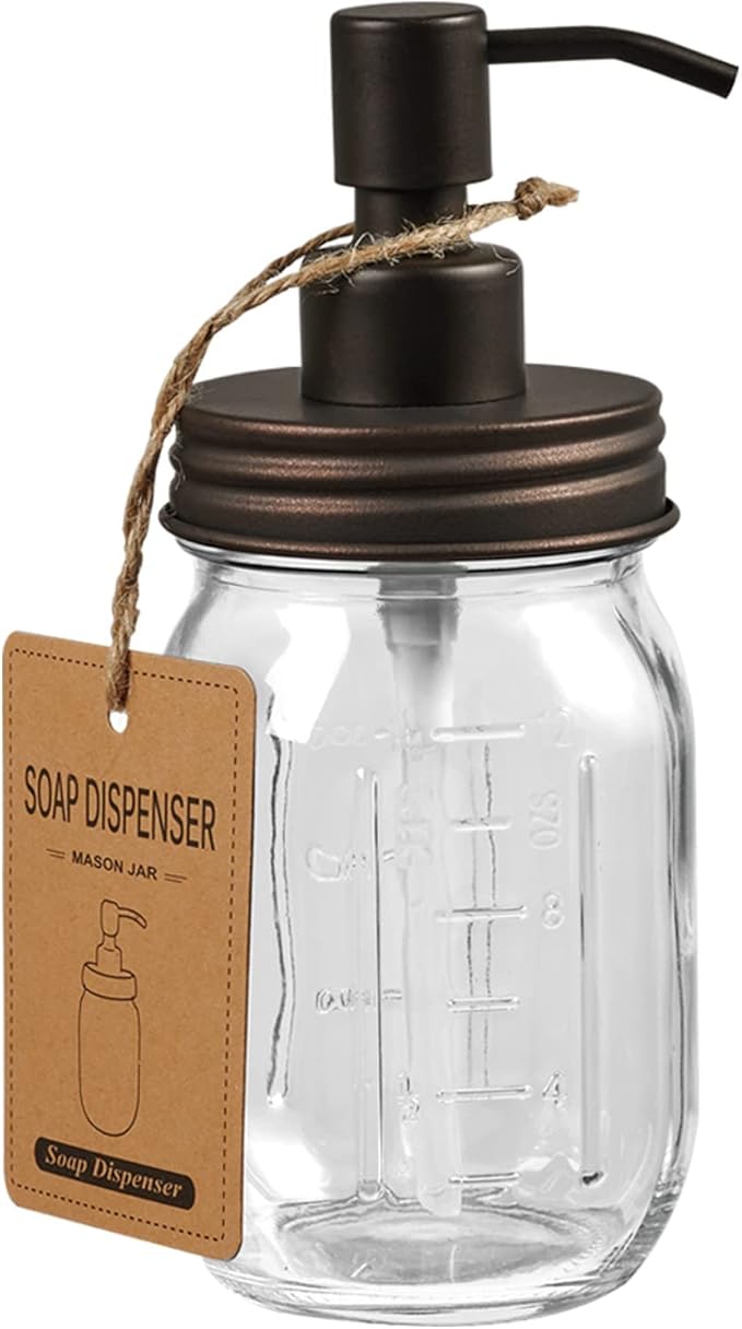Amolliar Mason Jar Liquid Soap Dispenser, 16OZ Stainless Steel Pump Lid & Waterproof Stickers, Refillable Hand Soap, Dish Soap Dispenser for Kitchen, Bathroom Accessories Set, Farmhouse Decor, Bronze by Amolliar