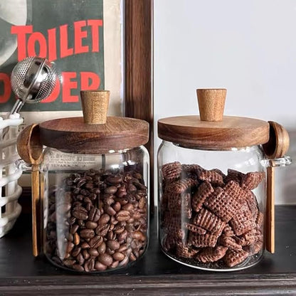 ANSQU Glass Jar with Wooden Lid & Spoon, 13.5oz Food Storage Containers Coffee Jar Coffee Grounds Container, Sugar Canister (1pack)