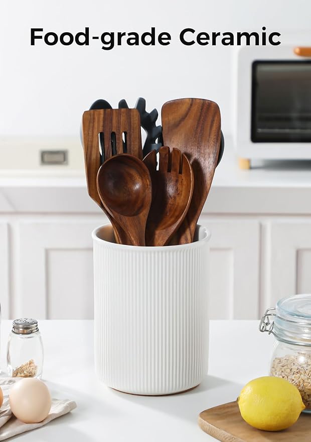 LoeJan 6.7" Utensil Holder, Ceramic Kitchen Utensil Holder with Cork Bottom, Large Utensil Crock for Countertop, Vintage Cooking Tool Organizer Set for Kitchen Counter Decor(White) - Image 4