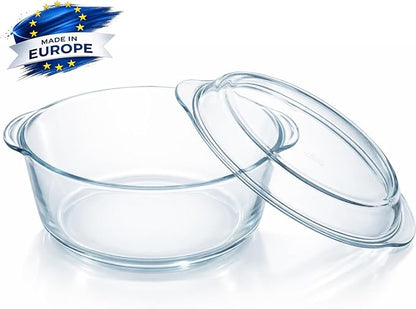 Ums 3.3 Quart Glass Casserole Dish with Lid, Round Glass Baking Dishes for Oven with Lid, Round Covered Casserole Dish, Microwave and Dishwasher Safe Clear Bakeware