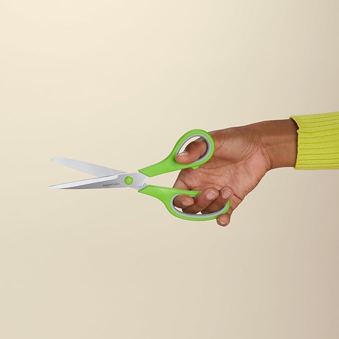 Amazon Basics Multipurpose Stainless Steel Scissors for Office, Crafts, Paper Cutting, Fabric Cutting, Right/Left Handed, Comfort Grip, PVD Coated, 2-Pack, Green and Grey - Image 3