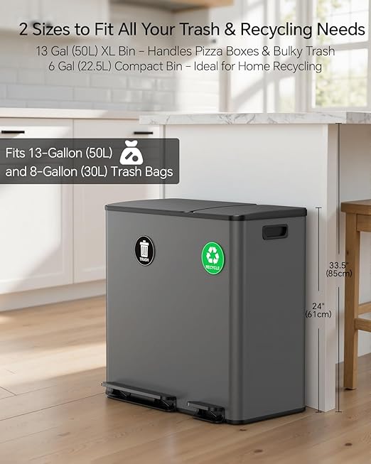 Lovewind Dual Trash and Recycling Bins for Kitchen, 13+6 Gallon Stainless Steel Garbage and Recycle Bin Combo for Large Families, Dual Trash Can with Soft Close Lid & Magnetic Stickers, Grey - Image 3