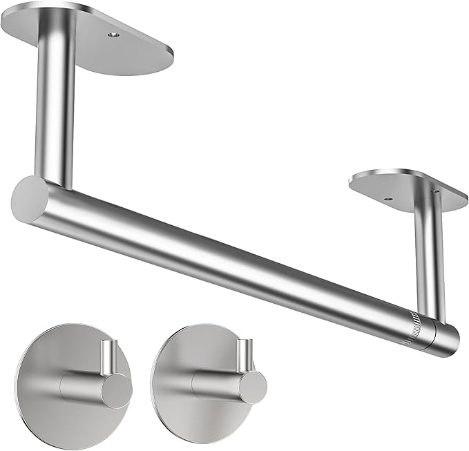 Paper Towel Holder Under Cabinet, Self Adhesive or Wall Mounted SUS304 Stainless Steel Paper Towel Holder for Kitchen, Bathroom(2 Towel Hooks, Silver) by WZKALY