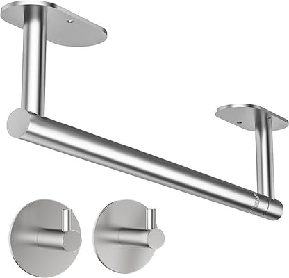 Paper Towel Holder Under Cabinet, Self Adhesive or Wall Mounted SUS304 Stainless Steel Paper Towel Holder for Kitchen, Bathroom(2 Towel Hooks, Silver) by WZKALY