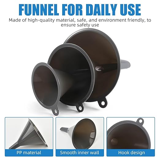 Plastic Kitchen Funnel Set of 3, Round Kitchen Funnels for Filling Bottles, Durable and Multifunctional Funnels for Filling Canning, Cooking, Lab or Car Oil (Gray) - Image 3